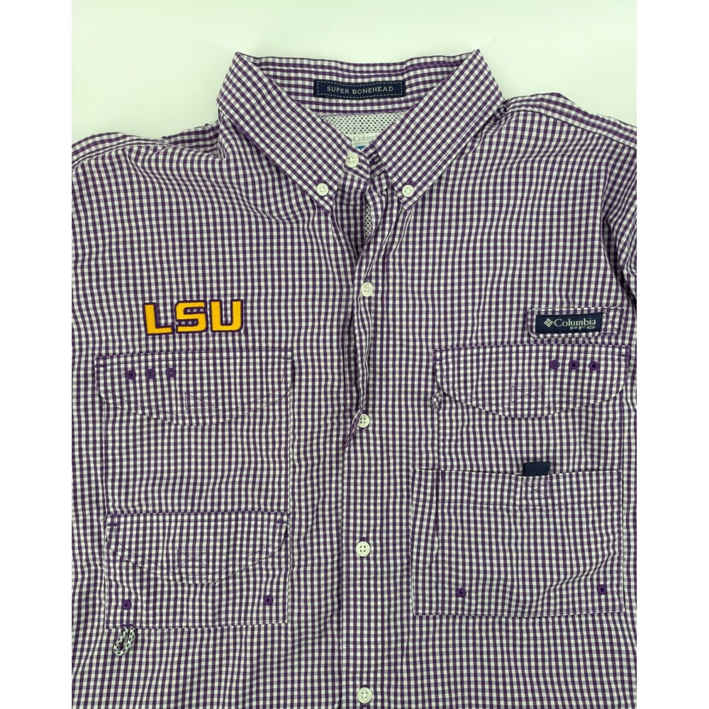Columbia PFG Super Bonehead LSU Tigers Shirt Mens Large Purple Gingham Fishing